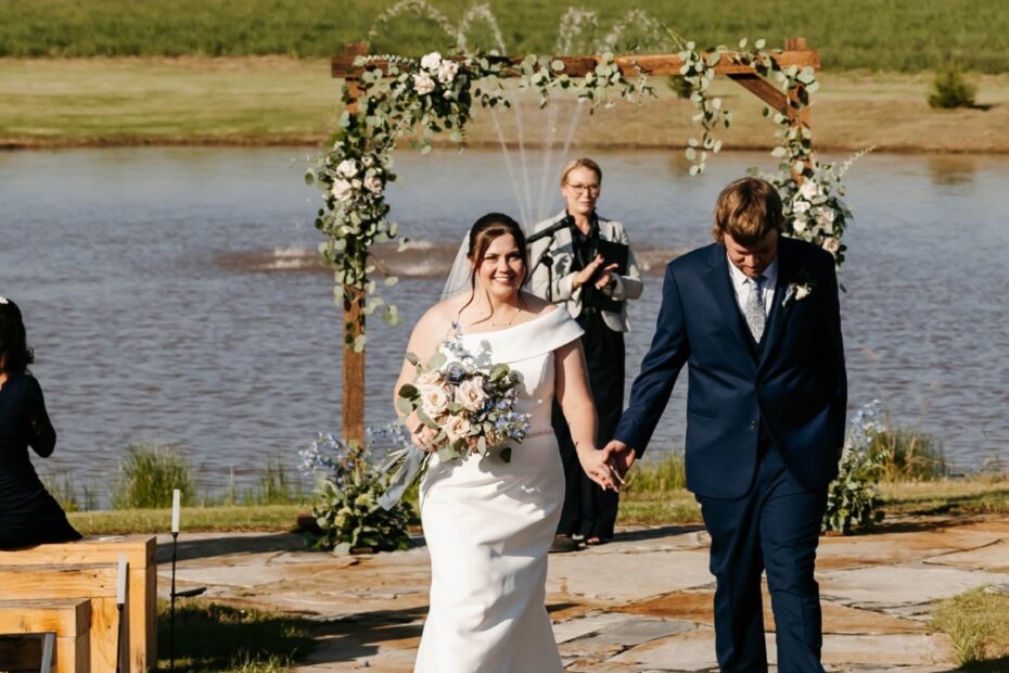 bride and groom walking down aisle in outdoor wedding